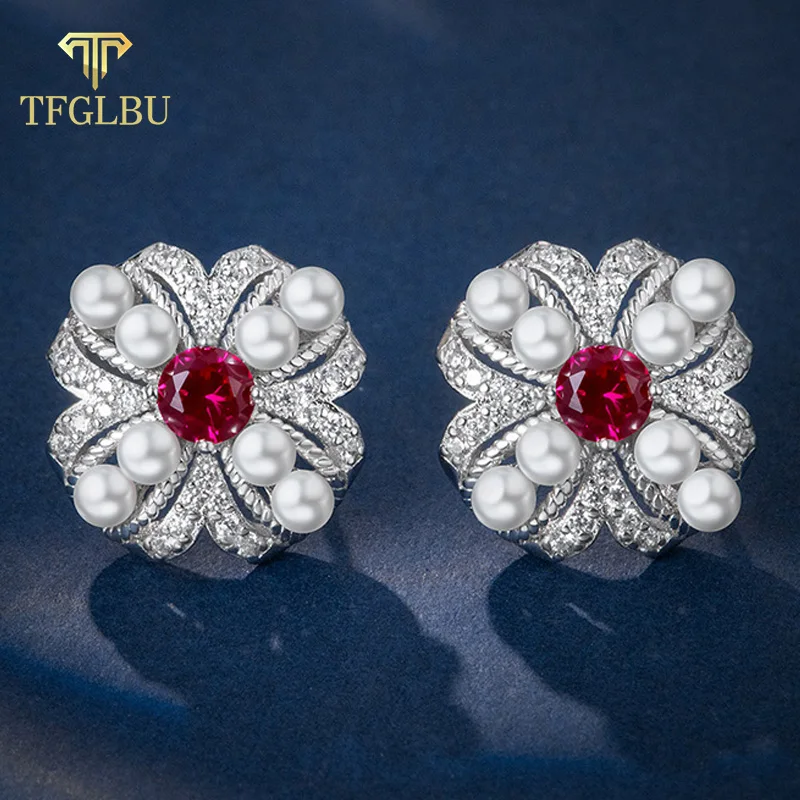 

TFGLBU 0.5CT New Ruby/sapphire Stud Earrings for Women Elegant Pearl Shine Gem Solid 925 Silver Ear Wedding Jewelry Wholesale