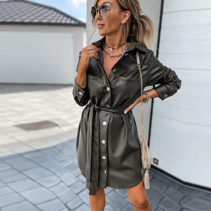 

Elegant Long Sleeve Casual Mini Dress Woemn Autumn Winter Solid Color Pu Strappy Sweet Vintage Loose Fashion Long Dresses 2022