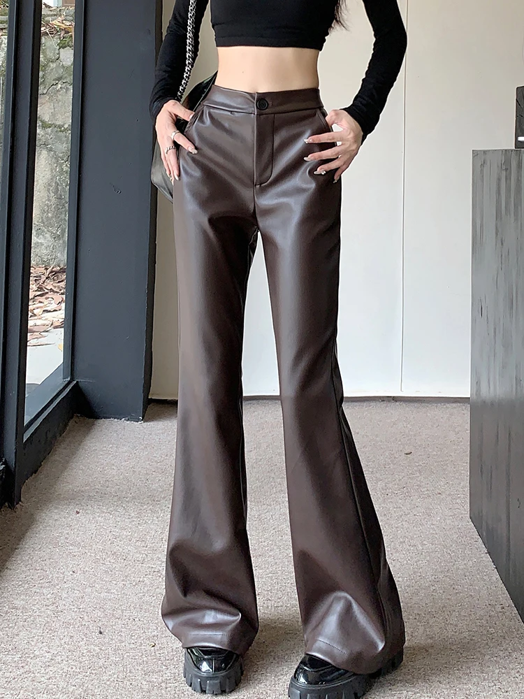 

Стильные женские брюки из искусственной кожи на осень и зиму, корейские женские длинные брюки с высокой талией, облегающие пикантные расклешенные брюки