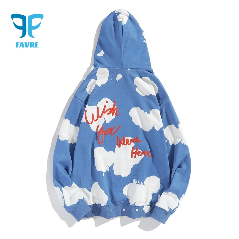 

FAVRE Men Blue Sky White Clouds Sweatshirt Women Casual Hip Hop Roundneck Print Hoodies Fashion High Street Y2K Couple Pullovers