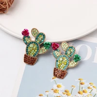 bohemian shiny rhinestone cactus long drop dangle earrings for women crystal plant pendients earrings holiday beach jewelry