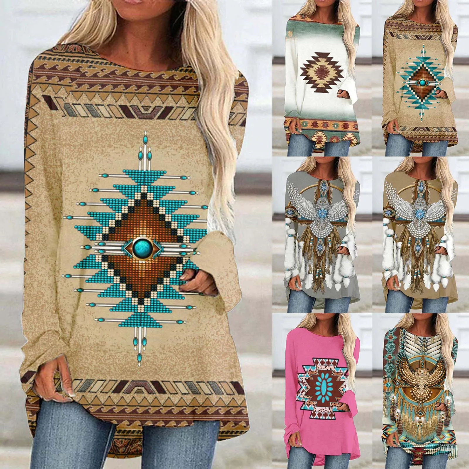 

Women Casual Round Neck Shirt Long Sleeve Ethnic Print Blouse Long T Shirt Top Woman Top Women Business Casual Tops for Fall
