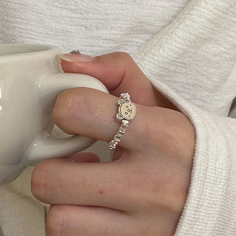 

925 Sterling Silver Crushed Little Bear Ring Female Irregular Cut Elastic Rope Hand made Index Finger J5663