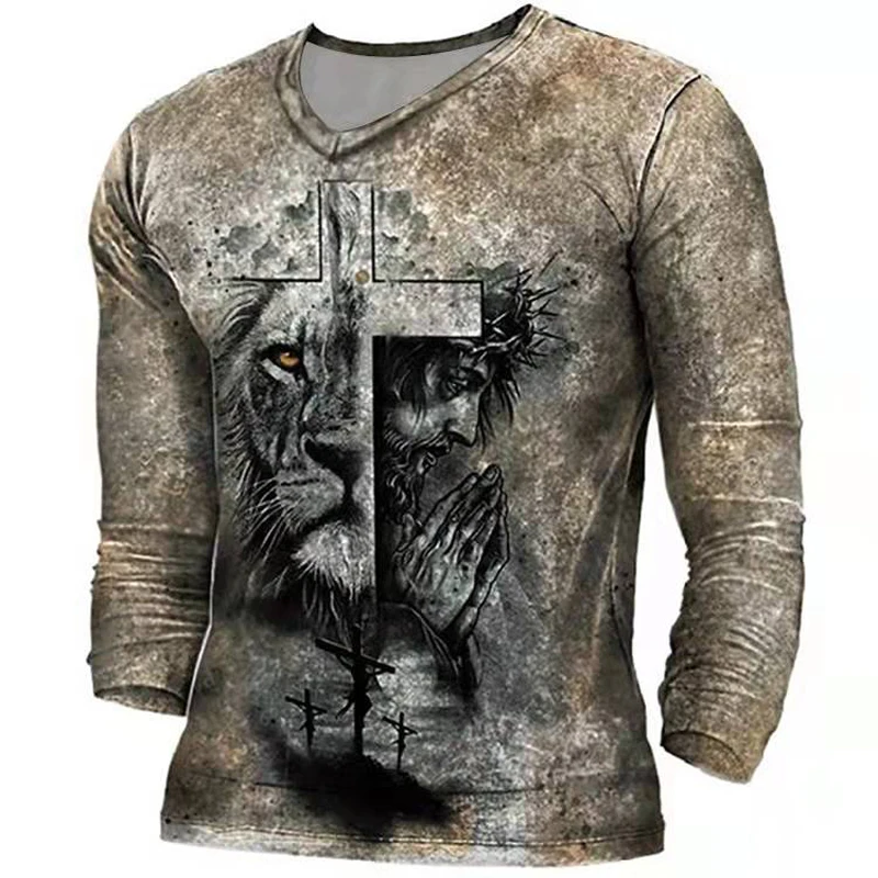 

Fashion Men's 3D Printed Animal Lion Vintage Pattern Loose T-shirt Street Trendy Casual Long Sleeved Oversized Male T shirts 5Xl