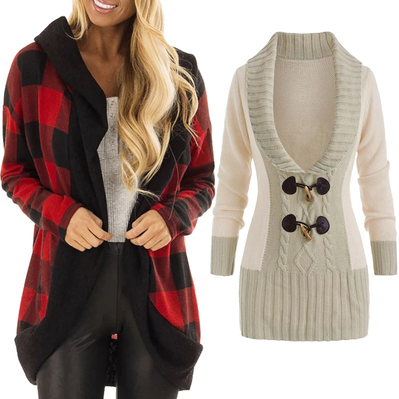 

Autumn Winter Clothing Hooded Plaid Open Front Cardigan Or Colorblock Horn Button Plunging Keep Warm Sweater XXXL