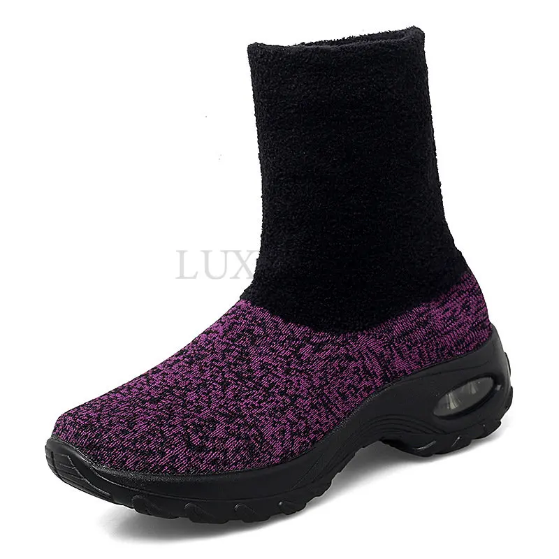 Women Snow Boots   Knitting Solid Color Round Shape Breathable Keep Warm Add Cotton Air Cushion   Shoes