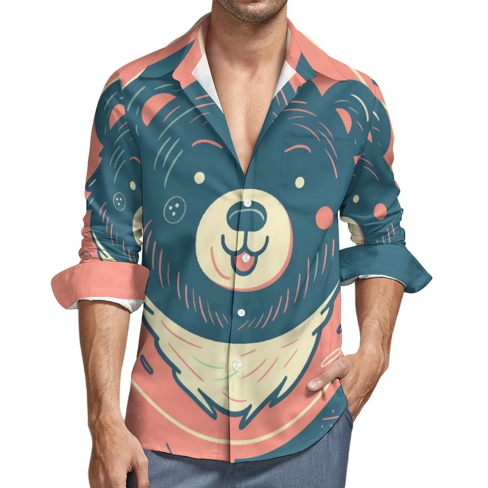 

Bear Street Casual Shirt Men Simple Circle Minimalistic Shirt Autumn Vintage Blouses Long Sleeve Design Oversized Clothing