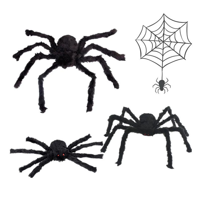 

30/50cm/75cm Big Black Plush Spider Halloween Party Decorations for Home Bar Haunted House Horror Props Spider Web Kids Toy
