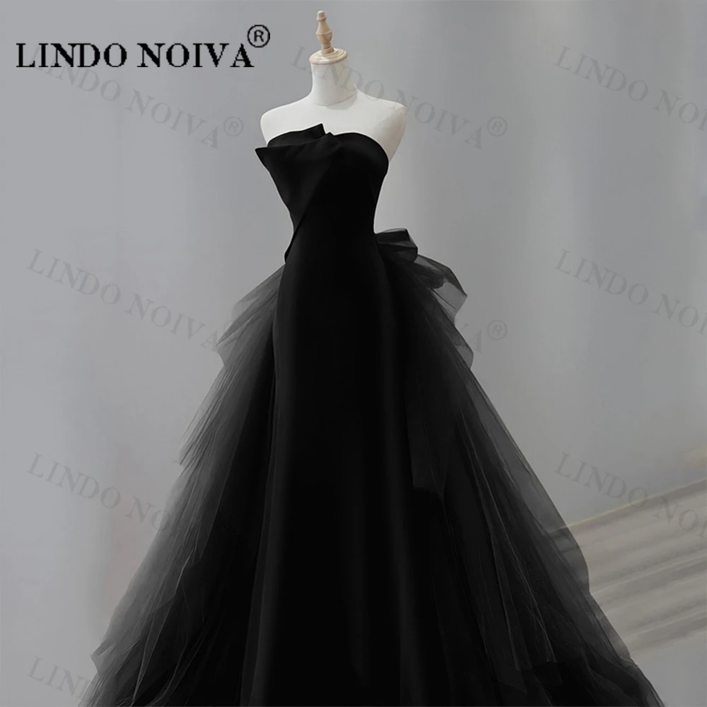 

LINDO NOIVA Modern Satin Mermaid Evening Dress Black Sleeveless With Tulle Sweep Train Formal Prom Wedding Party Gowns Vestido