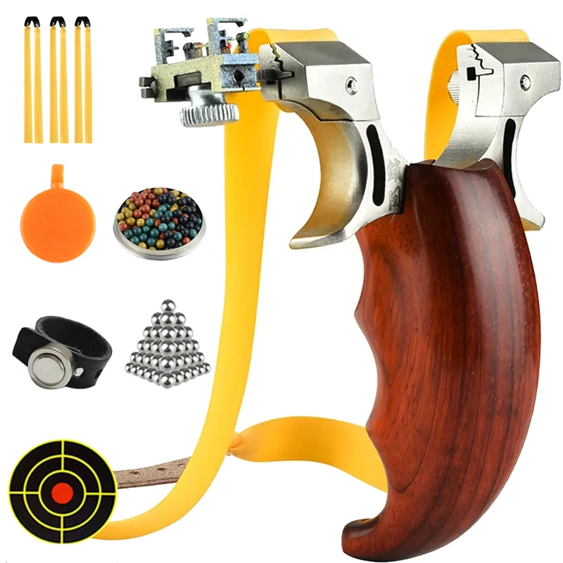 

Catapult Wooden Grip 304 Stainless Steel Slingsshot Head Bidirectional Sight Flat Rubber Bands Outdoor Hunting Slingshot