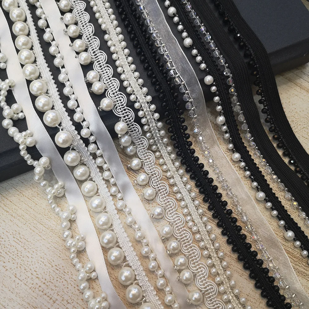 

10Yards Vintage Mesh Ribbon Crystal Beads Lace Handmade Clothing Wedding Dress Skirts Collar Accessories Curtains Pearl Lace