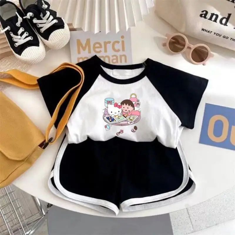 

Cartoon Cute Sanrioed Hellokittys Girls' Summer Suit 2023 New Thin Clothing Short Sleeve Shorts Two Piece Set