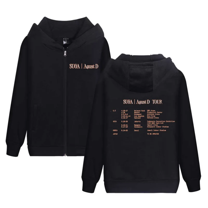 

KPOP SUGA Letter Printed Women's Hoodie Casual Harajuku Zipper Fleece Winter Black Unisex Streetwear Sweatshirt