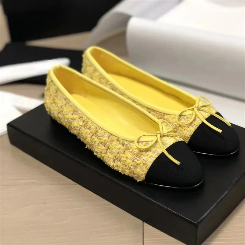 

Ballet Flats Classic Shoes Women Basic 2023 Leather Tweed Cloth Two Color Splice Bow Round Ballet Shoe Fashion Flats Women Shoe