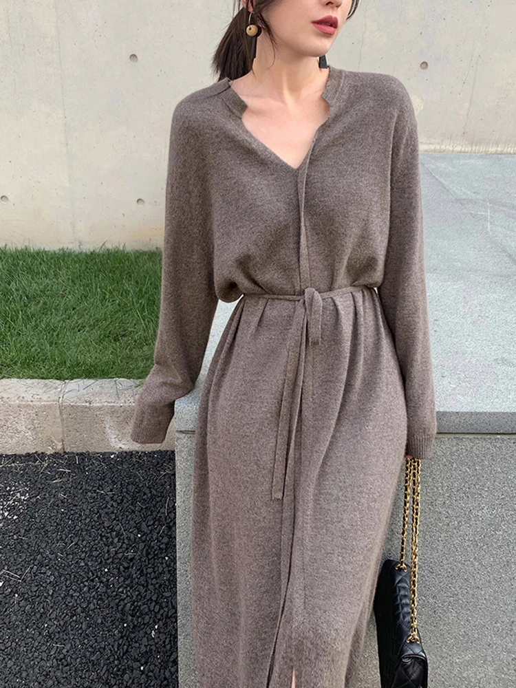 

Vintage Sweater Knitted Dress for Women Brief V-neck Warm Drawstring Lace-up Loose Midi Female Maxi Dress Autumn Winter Clothing