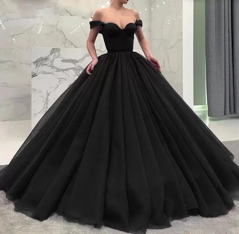 

Gothic Black Wedding Dresses Princess 2022 Ball Gown Off The Shoulder Lace Up Satin Organza Vestidos De Noiva Robe Mariee