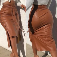 women trendy pu leather midi skirt solid color high waist lace up side button slim skinny pencil skirt for ladies streetwear