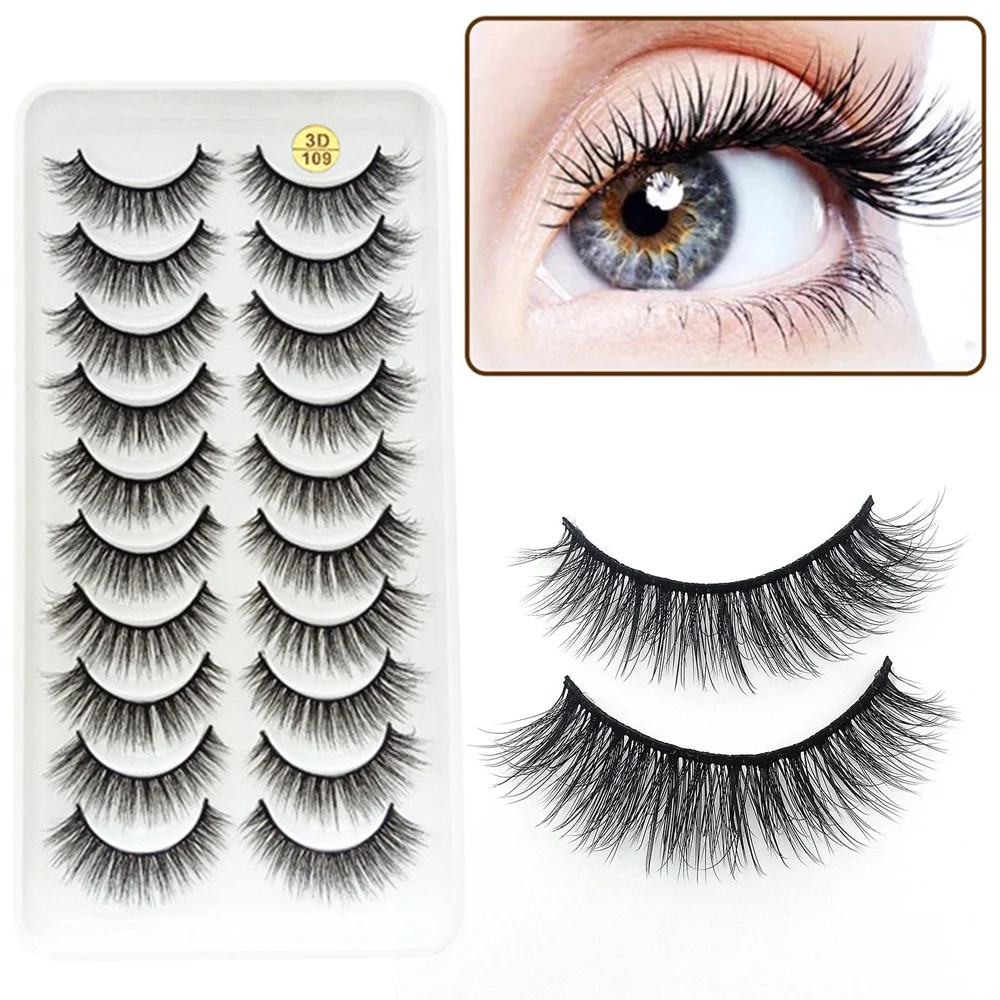 

10 Pairs Eyelashes Natural Look 3D Fluffy Faux Volume Eyelash Extensions Soft Wispy Eyelashes Make Tool