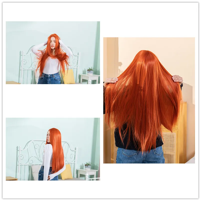 

180%Density 26Inch Ginger Orange Long Silky Straight Glueless Lace Front Wig Natural Hairline With Baby Hair For Black Women