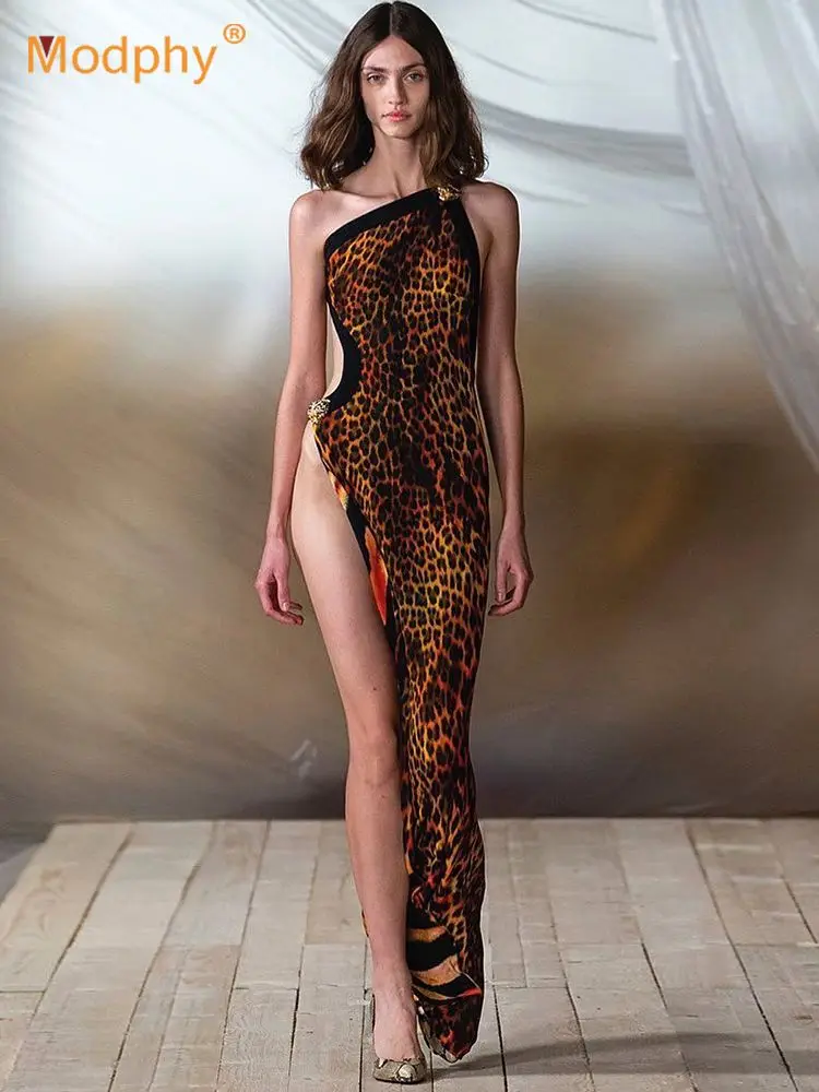 Vestido largo con estampado de leopardo de alta calidad para mujer, Vestido largo con estampado de leopardo, Tiara de leopardo con diamantes, ropa de noche para fiesta