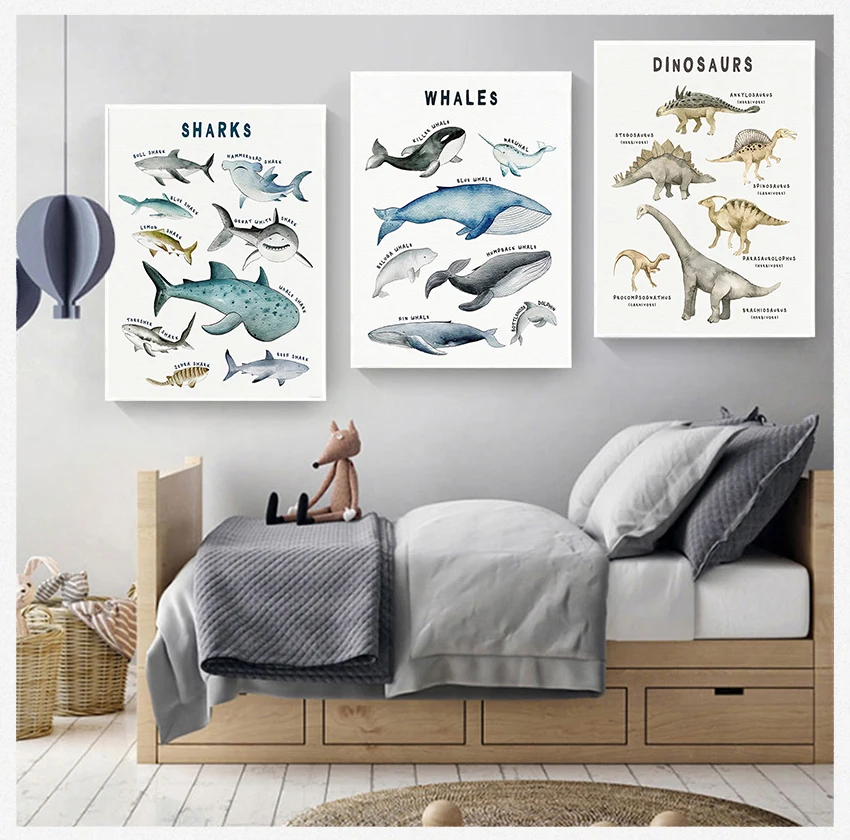 

Настенная Картина на холсте для обучения, декор для детской комнаты, динозавры, Кит, Акула, морские животные, детская комната