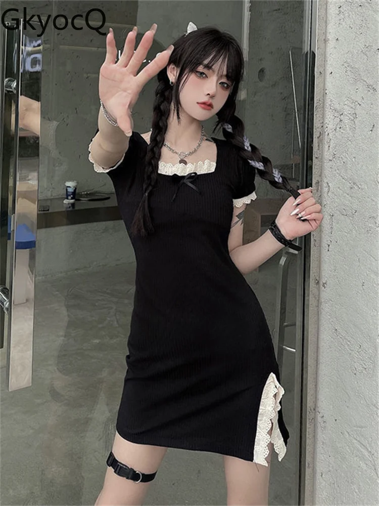 

GkyocQ Y2K French Lace Dress Women 2022 Summer New Korean Fashion Patchwork Dress Preppy Style Slimming Bag Hip Thin Trend