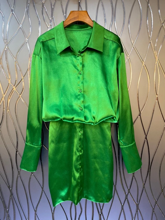

2022 new women fashion long sleeve lapel green glossy fashion slim dress 620