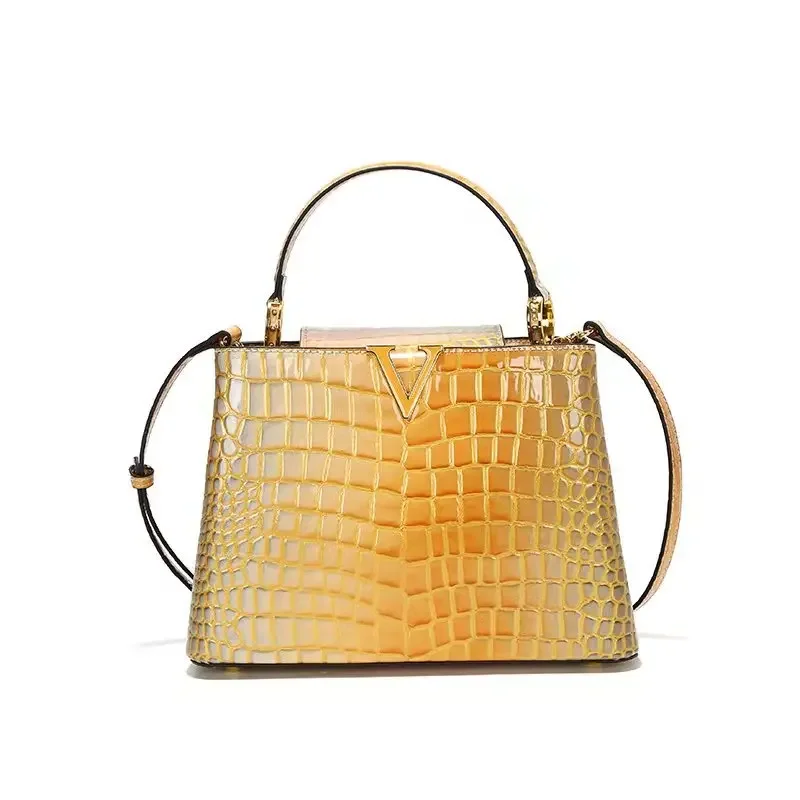 

Genuine Leather Gradient Crocodile Pattern Women Handbags Tote Bag Female 2023 V-Shaped Shoudler Messenger Bags Luxury Fashion