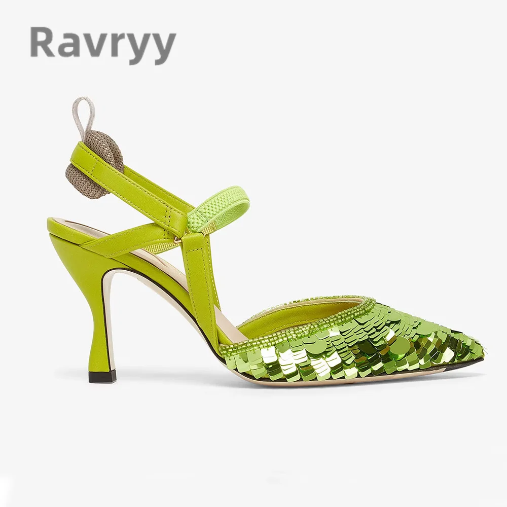2023 Summer New Pointed Toe Slim Heel Sequins Side Open Fashion Sandals Women's Versatile Leisure Slip-On High Heels Shoes