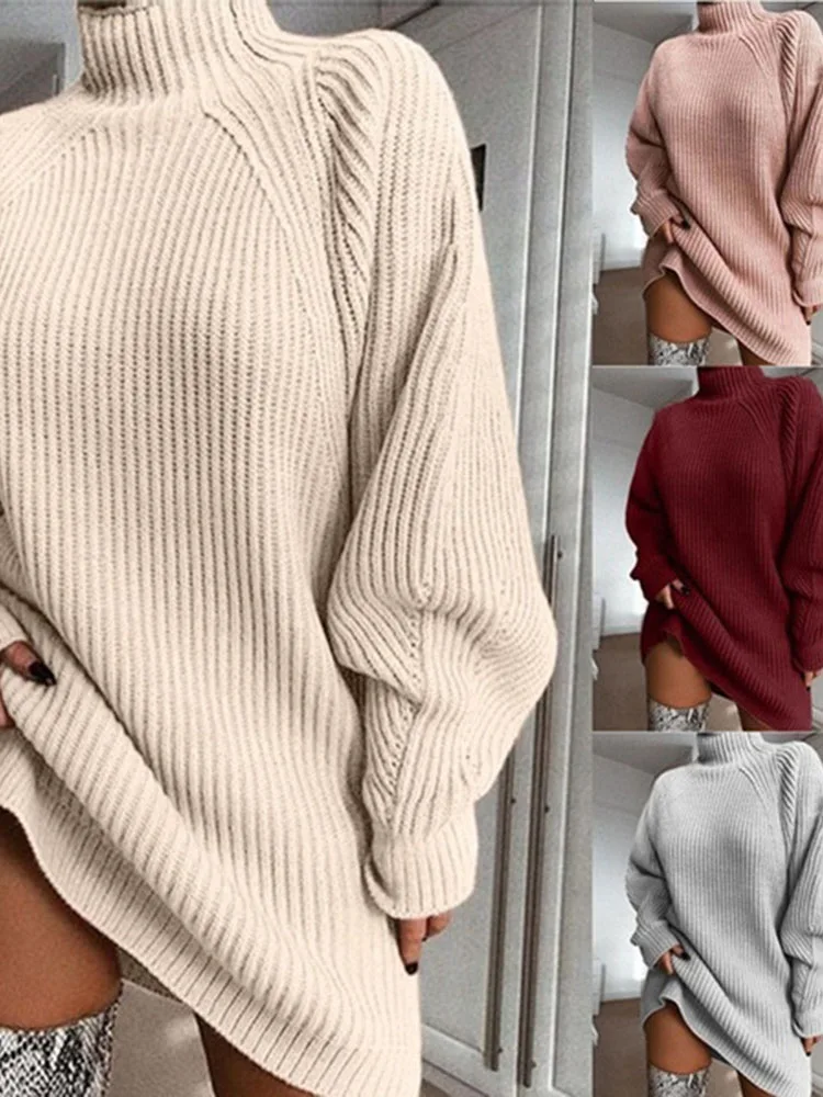 Women Turtleneck Oversized Knitted Dress Autumn Solid Long Sleeve Casual Elegant Mini Sweater Dress Winter Clothes images - 6