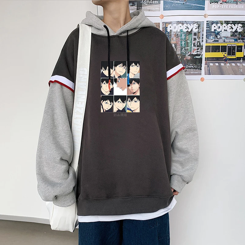 

Funny Japan Anime Haikyuu Kageyama Tobio Cool Men Hoodies Harajuku Cartoon Winter Casual Oversize Fake Two Pieces Sweatshirts