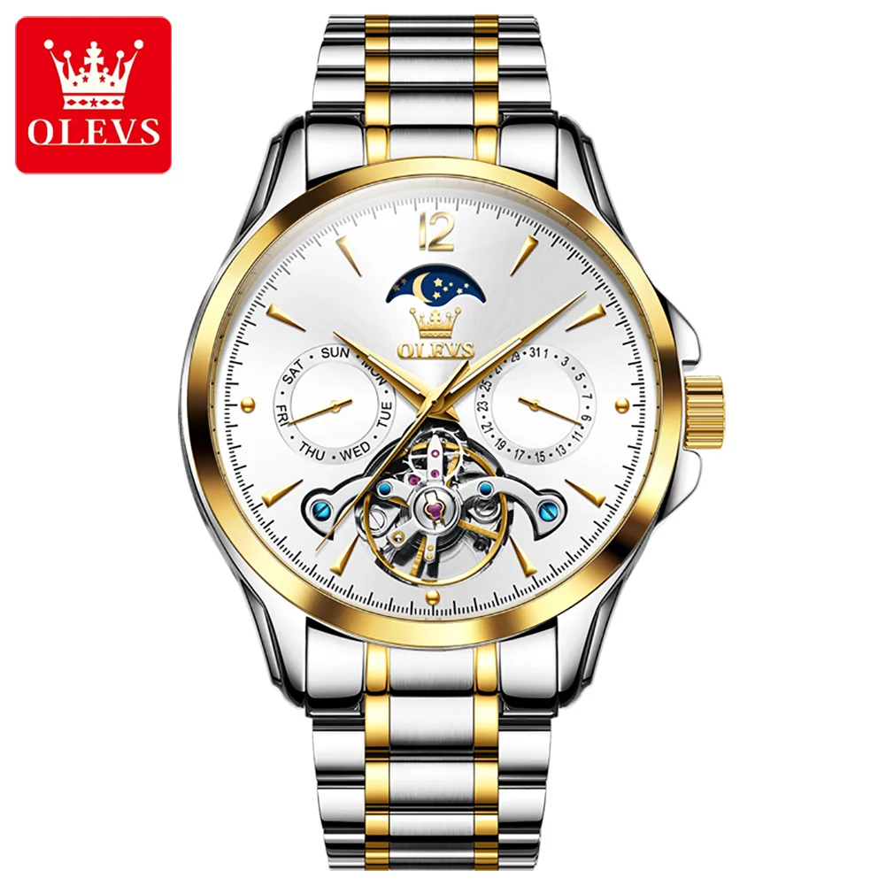 OLEVS Moon Phase Watch for Men Automatic Mechanical Wristwatches Luxury Skeleton Tourbillon Waterproof Watches Male Moonswatch enlarge
