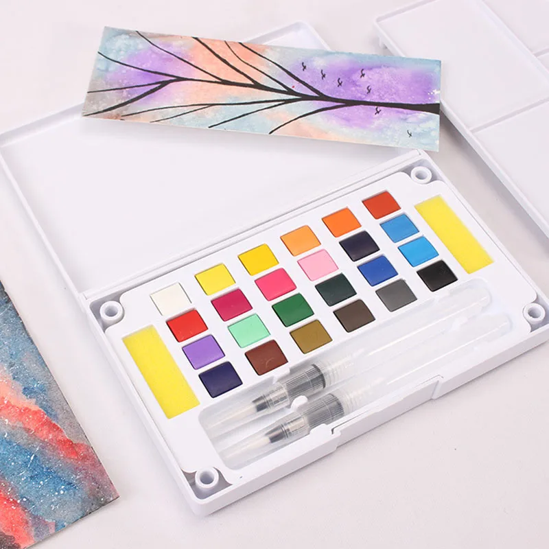 

18/24 Colors Solid Pigment Watercolor Paints Set with Water Color Brush Pen for Drawing Art Supplies Pigment Set Stationary