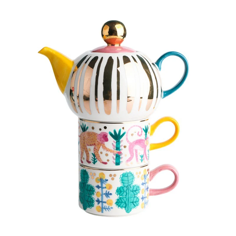 

European Fashion Style Handpainted Ceramic Coffee Cup And Pot Set Luxury Gold Plated Afternoon Tea Juice Cup Kettle Set Gift Box