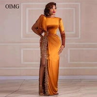 oimg gold long evening dresses velvet one shoulder long sleeve applique high slit sexy formal prom gowns africal arabic women