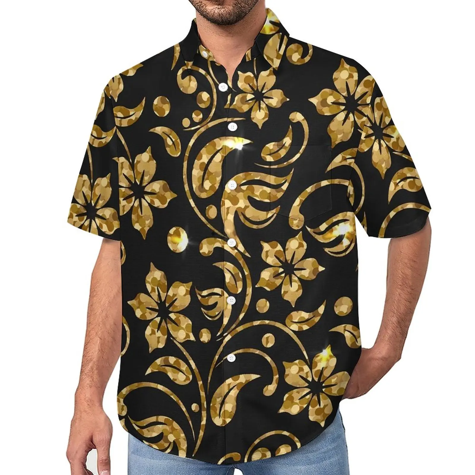 

Retro Baroque Loose Shirt Male Beach Gold Floral Casual Shirts Hawaiian Custom Short Sleeve Streetwear Oversized Blouses