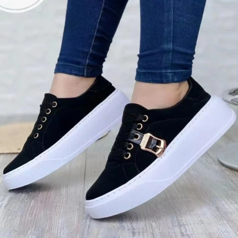 

Women Round Head Sneakers Solid Head Lace Up Buckle Flats Casual Vulcanized Shoes Chunky Trainers Deportivas Mujer Zapatillas