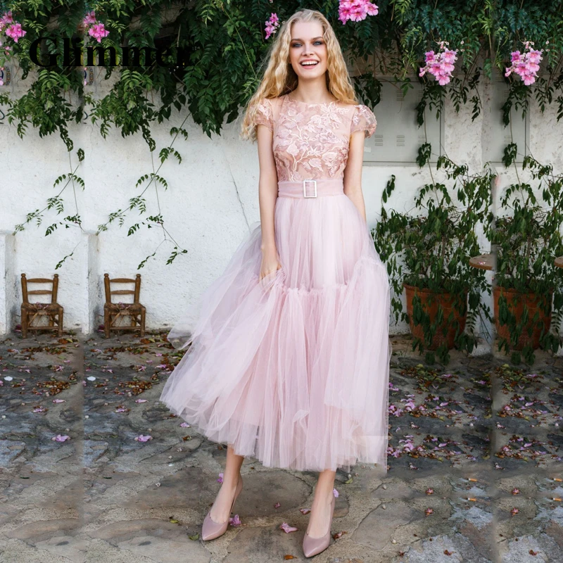 

Glimmer Short Evening Dresses Belt Short Sleeves Formal Prom Gowns Personalised Abendkleider Fiesta De Noche Robe Ball Stretch