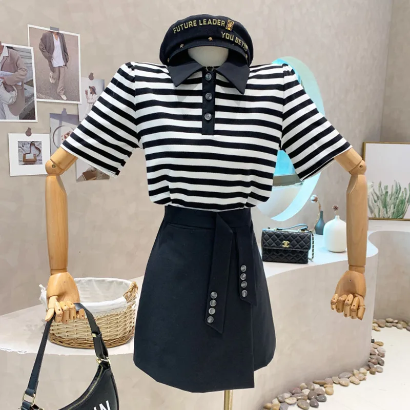 

Niche Design New Women Clothing 2022 Summer Short Sleeved Striped T-Shirt Top With High Waist A-line Skirt Fashion Two-piece Set