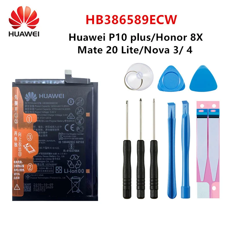 

Huawei 100% Original Battery HB386589ECW 3650mAh For Huawei P10 Plus Honor 8X View 10 V10 Mate 20 Lite Nova 3 4 Batteries Tool