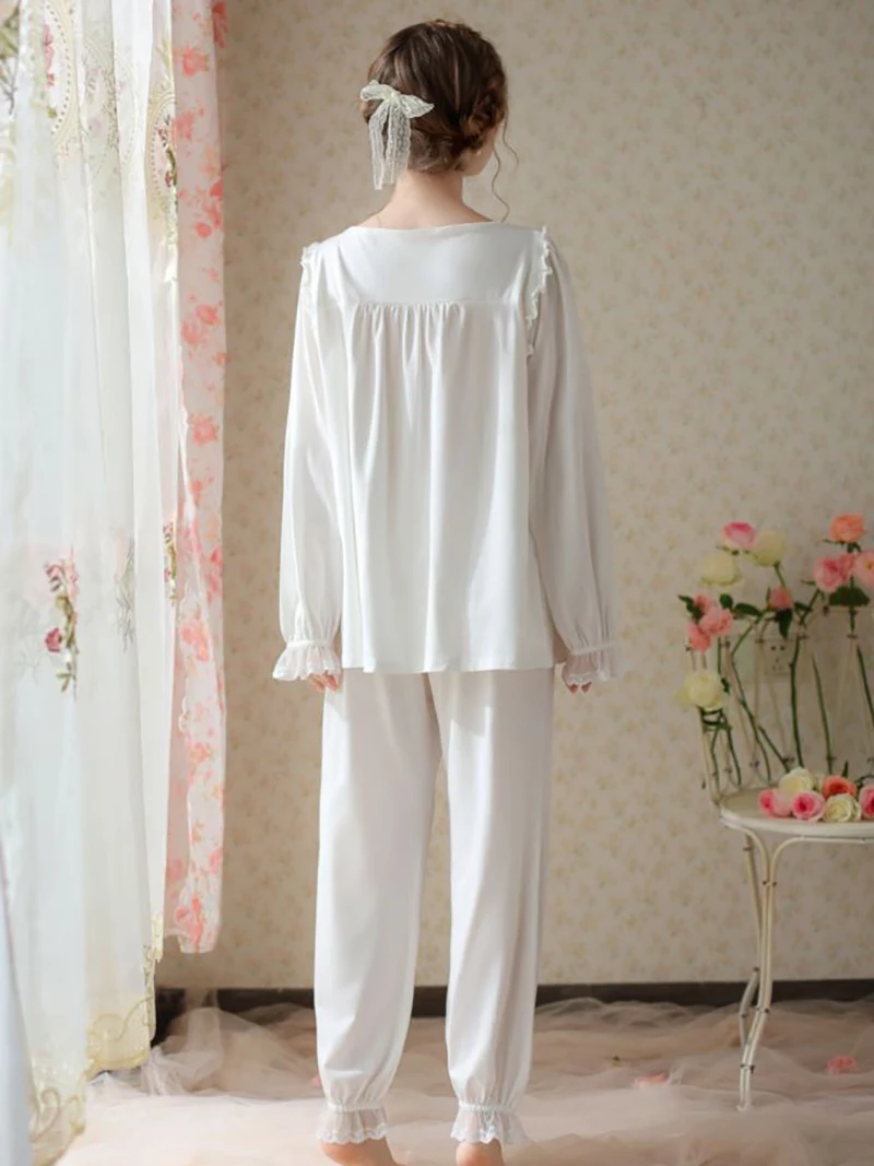Spring Cotton Vintage Princess Long Night Loungewear French Retro Lolita Ruffles V-Neck Home Suit Sweet Lace Pajamas Sleepwear