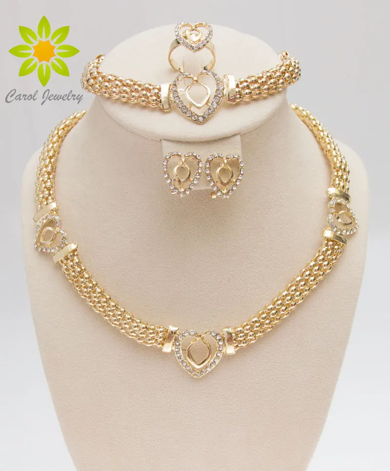 Free Shipping Dubai  Gold Color Heart Shape Necklace Set Fashion Crystal Wedding Bridal Costume Jewelry Ses