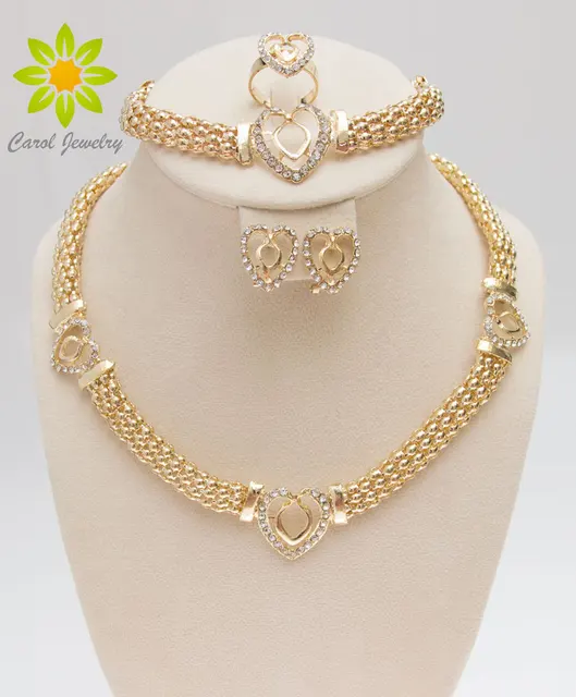 Free Shipping Dubai Gold Color Heart Shape Necklace Set Fashion Crystal Wedding Bridal Costume Jewelry Ses 1
