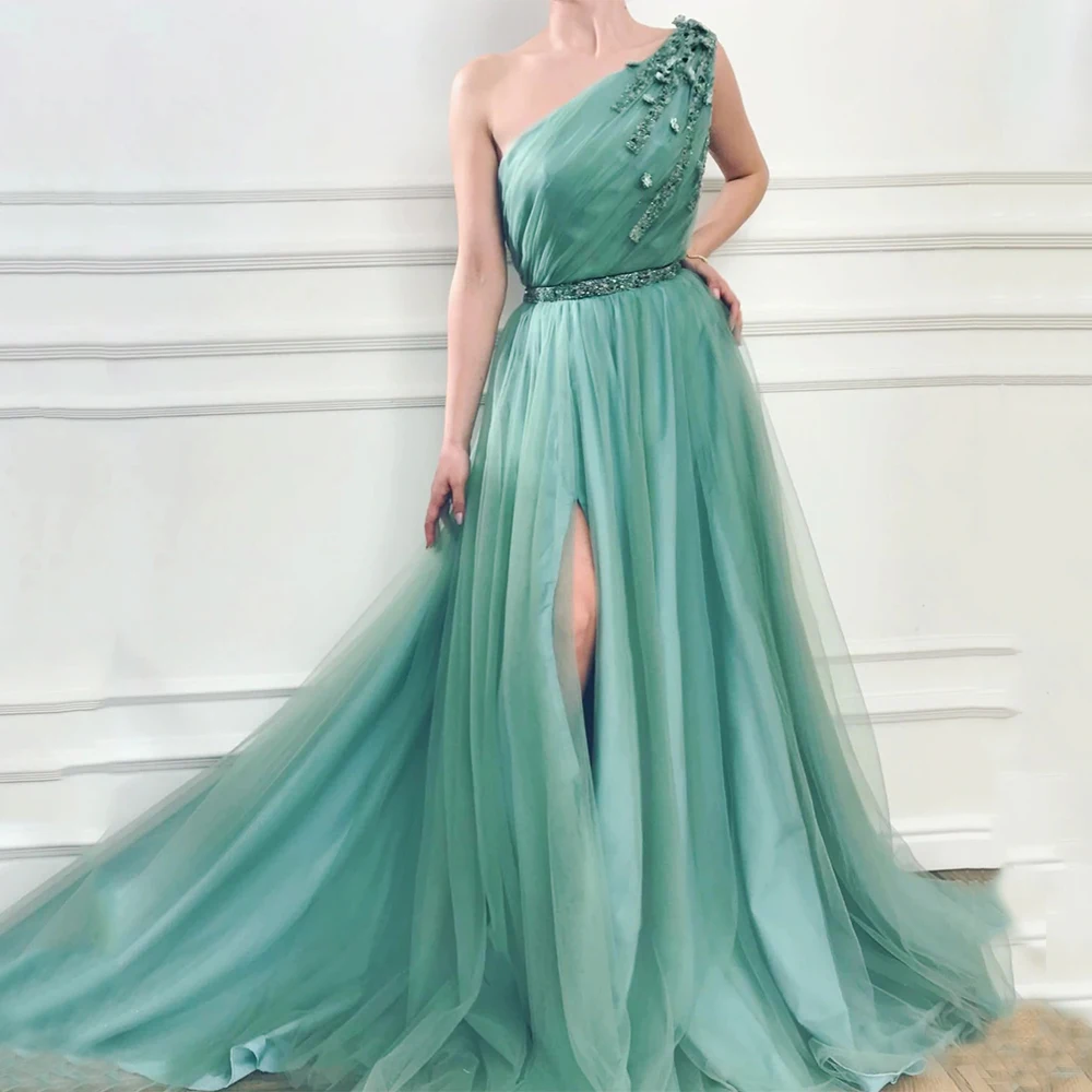 

Yipeisha Mint Prom Dress One Shoulder Sleeveless 3D Flowers Beading Pleat A Line Split Party Evening Dresses Pageant Gown