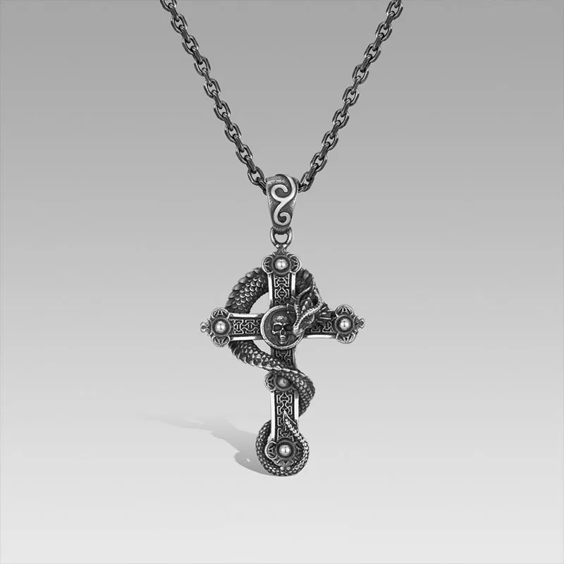 

Vintage Skull Dragon Cross Necklace Silver Color Pendant Men's Hip Hop Rock Jewelry