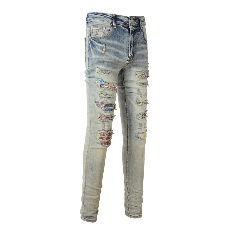 Streetwear Fashion Men Jeans Retro Slim Fit Stretch Ripped Jeans Men Patched Designer Hole Trousers Hip Hop Brand Pants Hombre