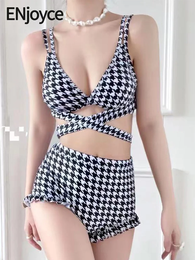

ENjoyce 2023 Summer Women Korean Trendy Plaid Bikinis Suit 2 Piece Sets Swimsuit Swimwear High Waist Swimming Beach Wears