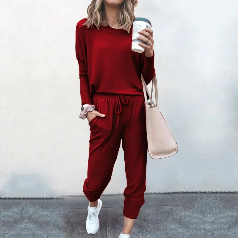 

Black Women's Home Suits 2023 Spring Two Piece Outfit Long Sleeve Crewneck Pullover Tops And Long Pants Tracksuit Sweatsuits