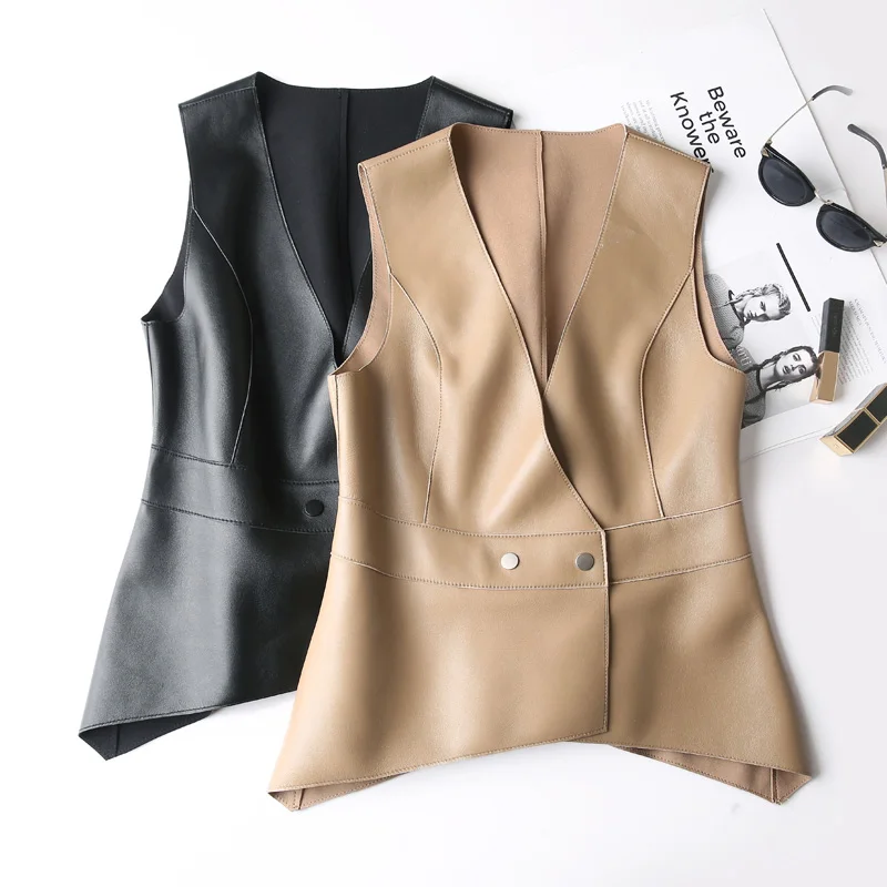 New Women's Genuine Leather Vest New Fashion Leather Waistcoat Lady Sheepskin Gilet Outerwear SY4000