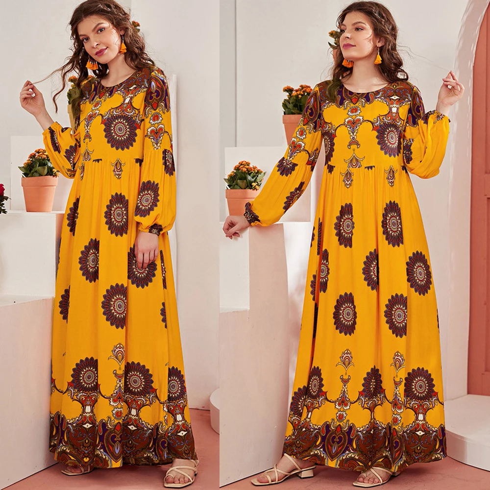 

Vintage Ethnic Floral Print Muslim Women Long Dress Casual Loose Spring Summer Islamic Abaya Arabic Ramadan Kaftan Middle East